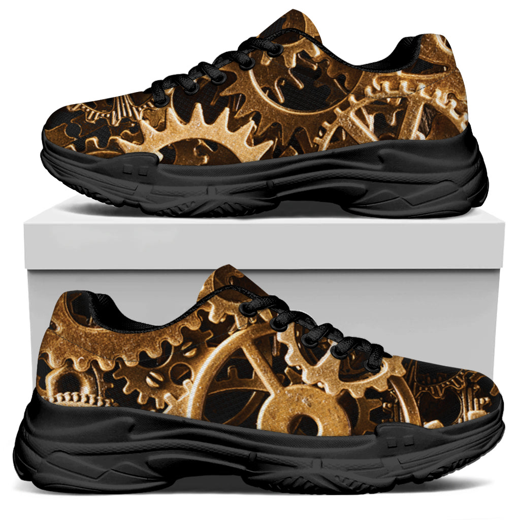 Steampunk Brass Cogs And Gears Print Black Chunky Shoes – GearFrost