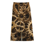 Steampunk Brass Cogs And Gears Print Cotton Front Slit Maxi Skirt
