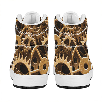Steampunk Brass Cogs And Gears Print High Top Leather Sneakers