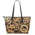 Steampunk Brass Cogs And Gears Print Leather Tote Bag With Zipper