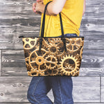 Steampunk Brass Cogs And Gears Print Leather Tote Bag