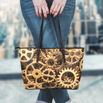 Steampunk Brass Cogs And Gears Print Leather Tote Bag