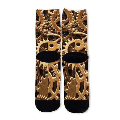 Steampunk Brass Cogs And Gears Print Long Socks