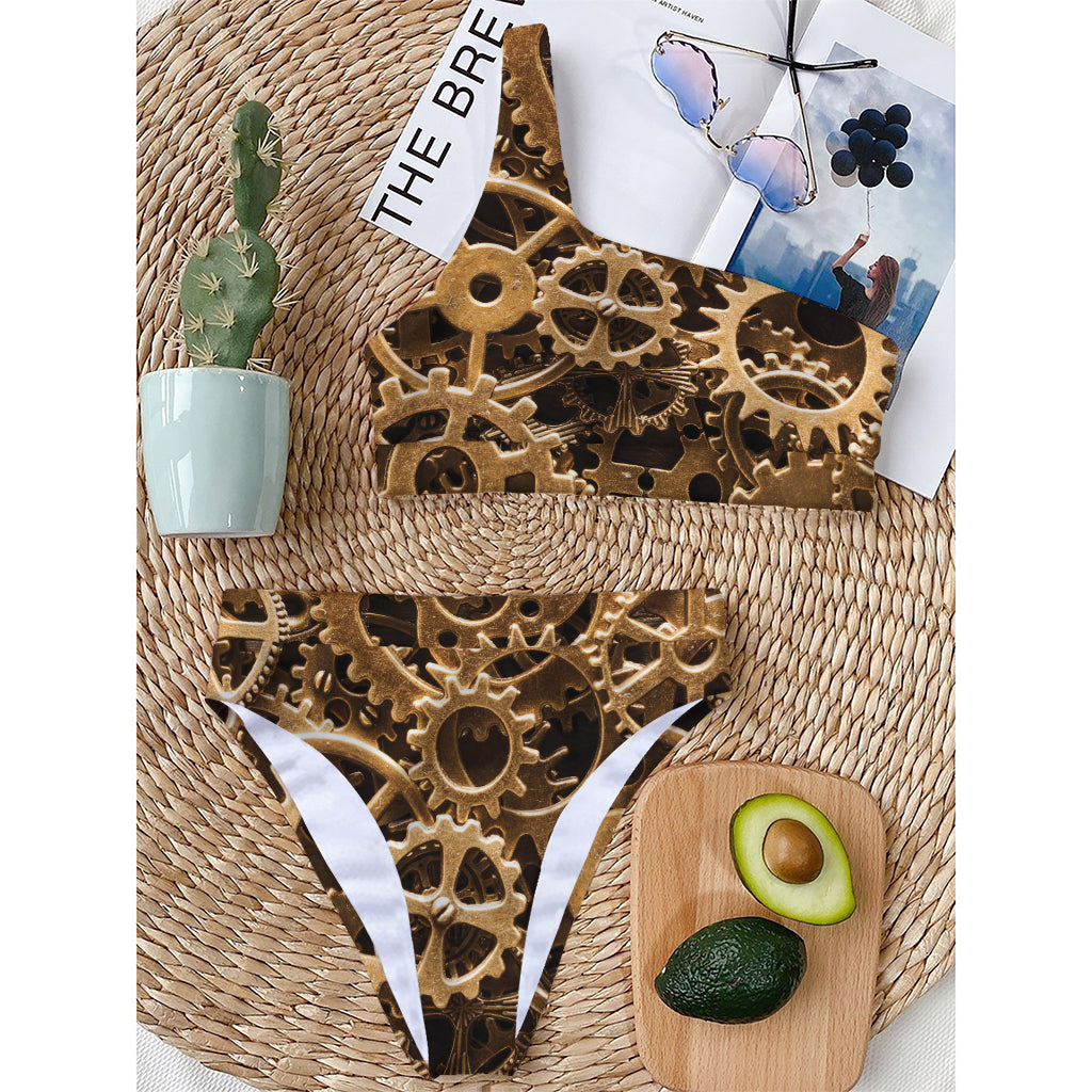 Steampunk Brass Cogs And Gears Print One Shoulder Bikini Top