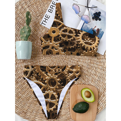 Steampunk Brass Cogs And Gears Print One Shoulder Bikini Top