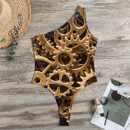 Steampunk Brass Cogs And Gears Print One Shoulder Bodysuit