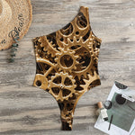 Steampunk Brass Cogs And Gears Print One Shoulder Bodysuit