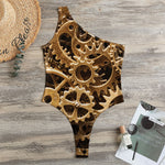 Steampunk Brass Cogs And Gears Print One Shoulder Bodysuit