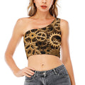 Steampunk Brass Cogs And Gears Print One Shoulder Crop Top