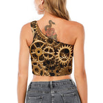Steampunk Brass Cogs And Gears Print One Shoulder Crop Top
