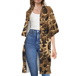 Steampunk Brass Cogs And Gears Print Open Front Beach Cover Up