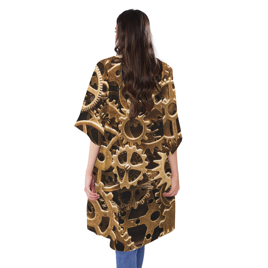 Steampunk Brass Cogs And Gears Print Open Front Beach Cover Up