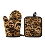 Steampunk Brass Cogs And Gears Print Oven Mitt And Pot Holder Set