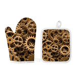 Steampunk Brass Cogs And Gears Print Oven Mitt And Pot Holder Set