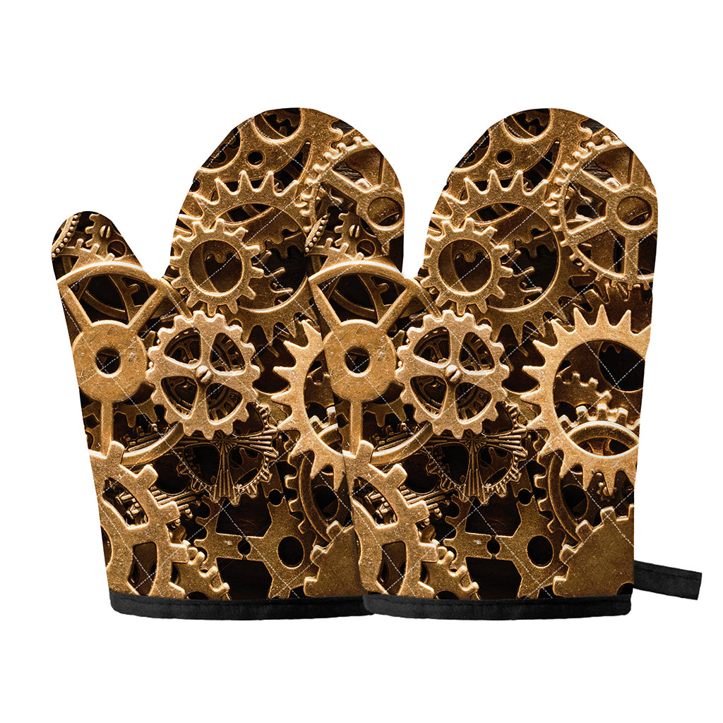 Steampunk Brass Cogs And Gears Print Oven Mitts