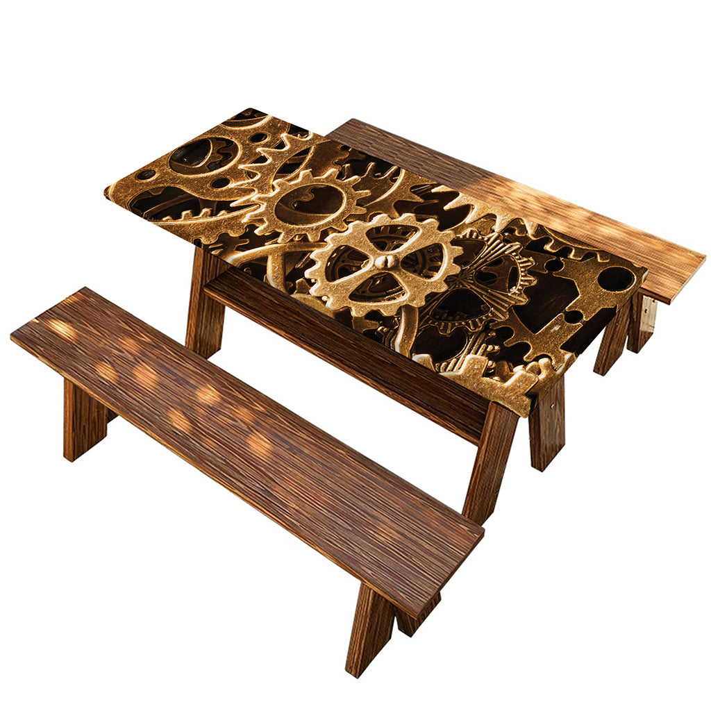 Steampunk Brass Cogs And Gears Print Picnic Table Cover
