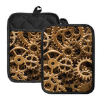 Steampunk Brass Cogs And Gears Print Pot Holders With Pocket