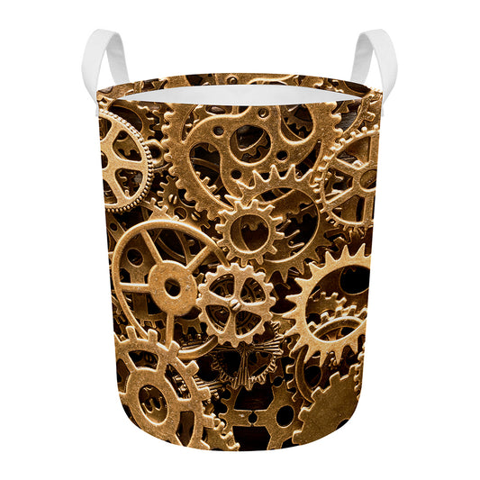 Steampunk Brass Cogs And Gears Print Round Laundry Basket