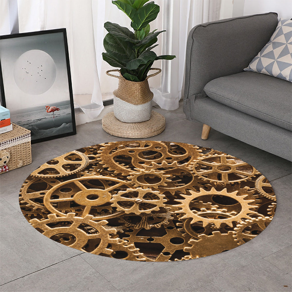 Steampunk Brass Cogs And Gears Print Round Rug