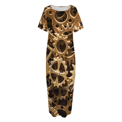 Steampunk Brass Cogs And Gears Print Short Sleeve Long Nightdress