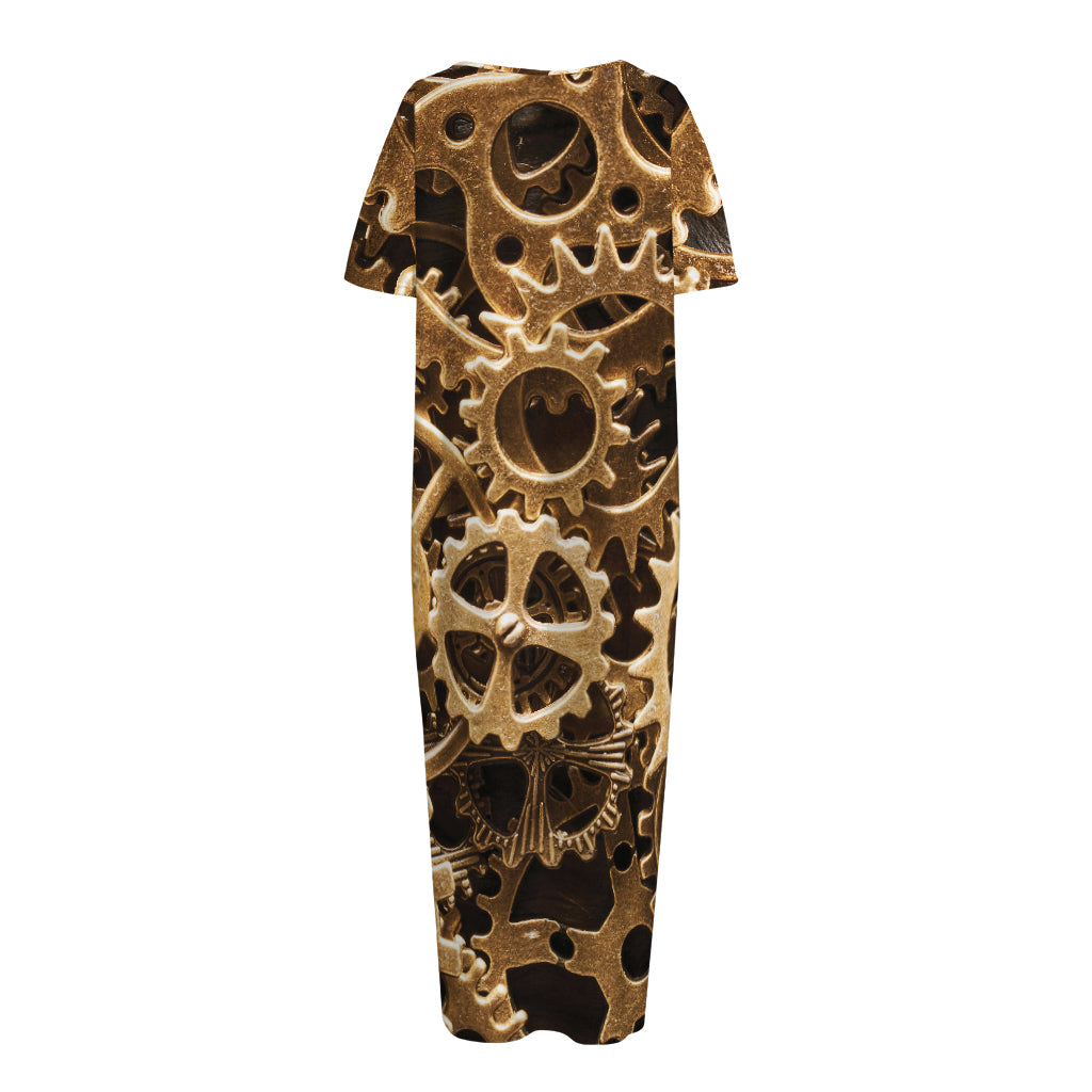 Steampunk Brass Cogs And Gears Print Short Sleeve Long Nightdress