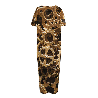 Steampunk Brass Cogs And Gears Print Short Sleeve Long Nightdress