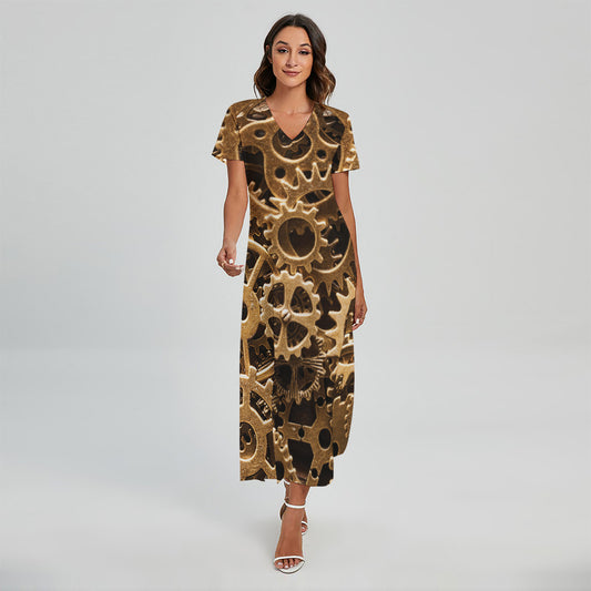 Steampunk Brass Cogs And Gears Print Short Sleeve Maxi Dress