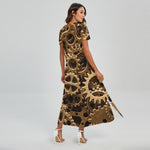 Steampunk Brass Cogs And Gears Print Short Sleeve Maxi Dress