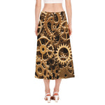 Steampunk Brass Cogs And Gears Print Side Slit Midi Skirt