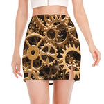 Steampunk Brass Cogs And Gears Print Side Slit Mini Skirt