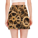 Steampunk Brass Cogs And Gears Print Side Slit Mini Skirt