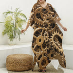 Steampunk Brass Cogs And Gears Print Silk V-Neck Kaftan Dress