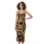Steampunk Brass Cogs And Gears Print Slim Fit Midi Cami Dress