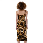 Steampunk Brass Cogs And Gears Print Slim Fit Midi Cami Dress