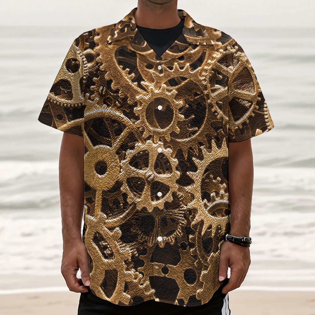 Steampunk Brass Cogs And Gears Print Textured Short Sleeve Shirt