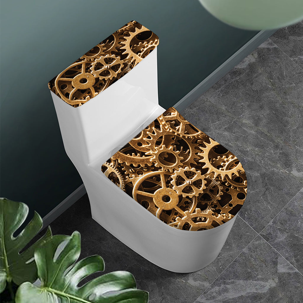 Steampunk Brass Cogs And Gears Print Toilet Lid And Tank Cover Set