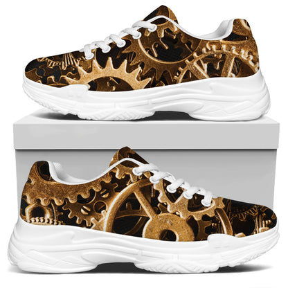 Steampunk Brass Cogs And Gears Print White Chunky Shoes