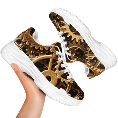 Steampunk Brass Cogs And Gears Print White Chunky Shoes