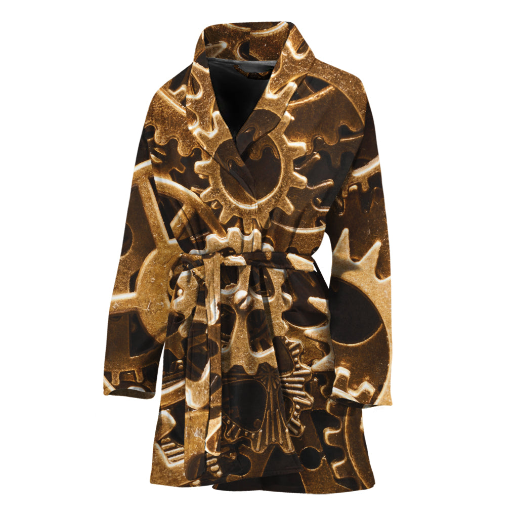 Steampunk Brass Cogs And Gears Print Women's Bathrobe