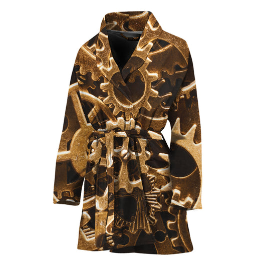 Steampunk Brass Cogs And Gears Print Women's Bathrobe