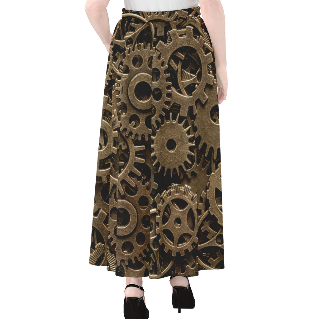 Steampunk Brass Gears And Cogs Print Chiffon Maxi Skirt