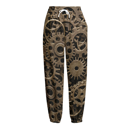 Steampunk Brass Gears And Cogs Print Fleece Lined Knit Pants