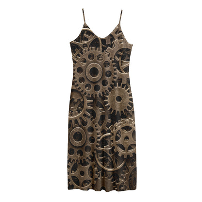 Steampunk Brass Gears And Cogs Print Jersey Midi Cami Dress
