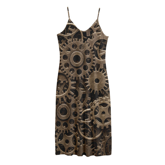 Steampunk Brass Gears And Cogs Print Jersey Midi Cami Dress