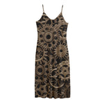 Steampunk Brass Gears And Cogs Print Jersey Midi Cami Dress