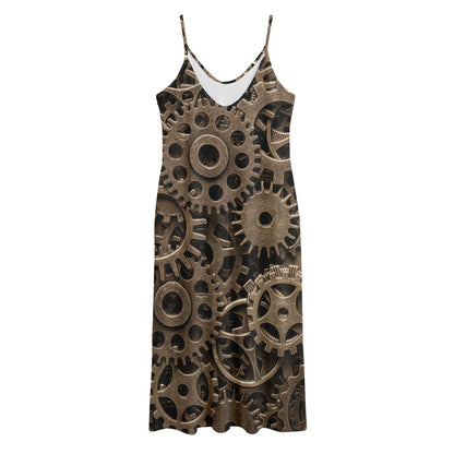 Steampunk Brass Gears And Cogs Print Jersey Midi Cami Dress