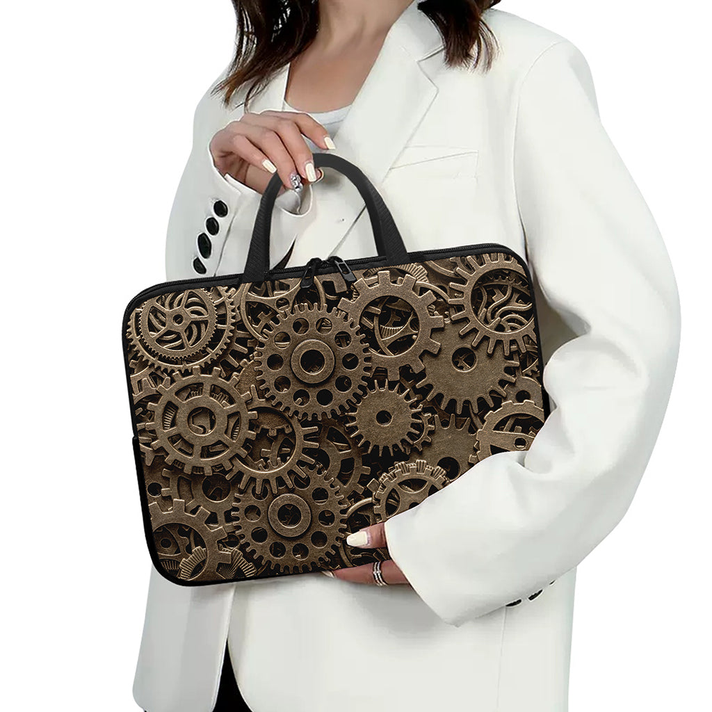 Steampunk Brass Gears And Cogs Print Laptop Sleeve With Handle
