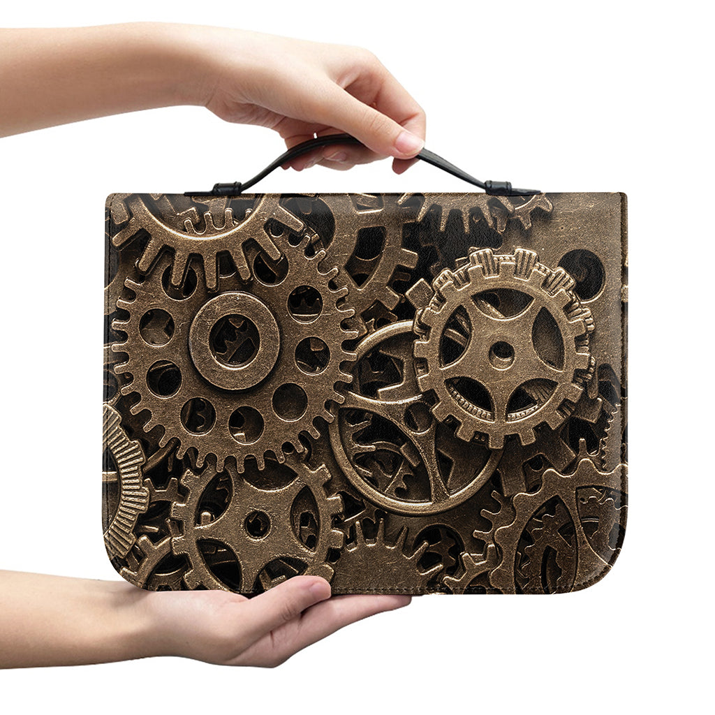 Steampunk Brass Gears And Cogs Print Leather Bible Cover