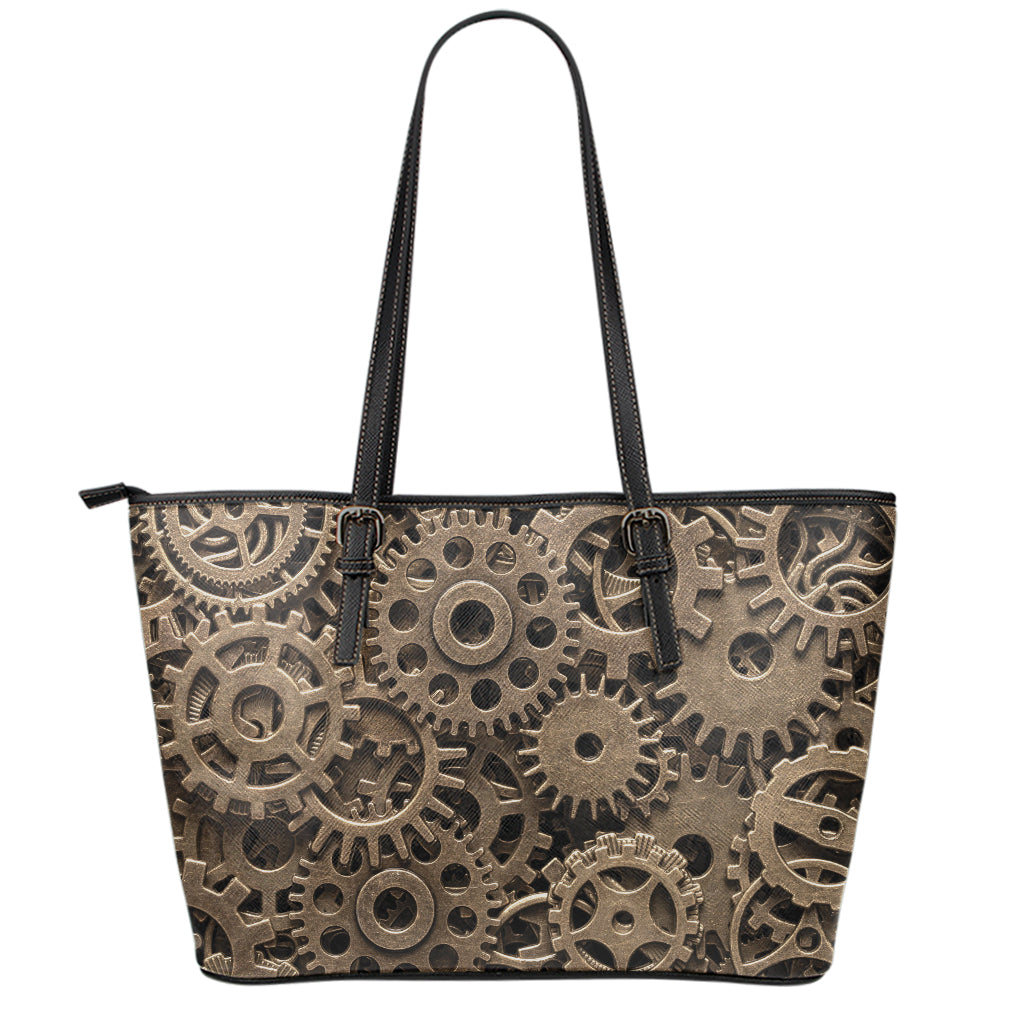 Steampunk Brass Gears And Cogs Print Leather Tote Bag