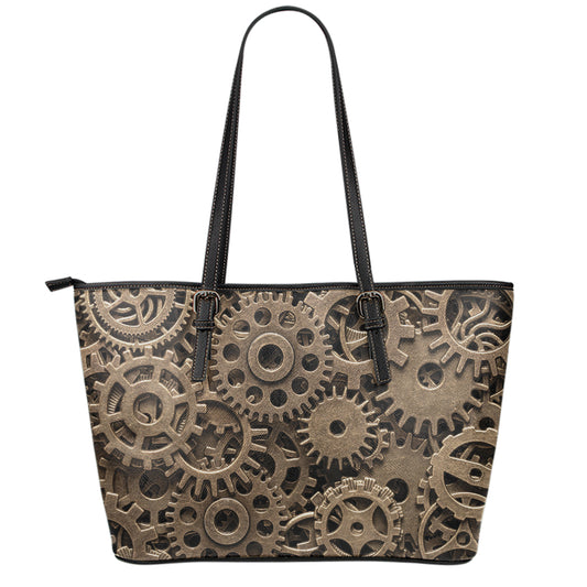 Steampunk Brass Gears And Cogs Print Leather Tote Bag